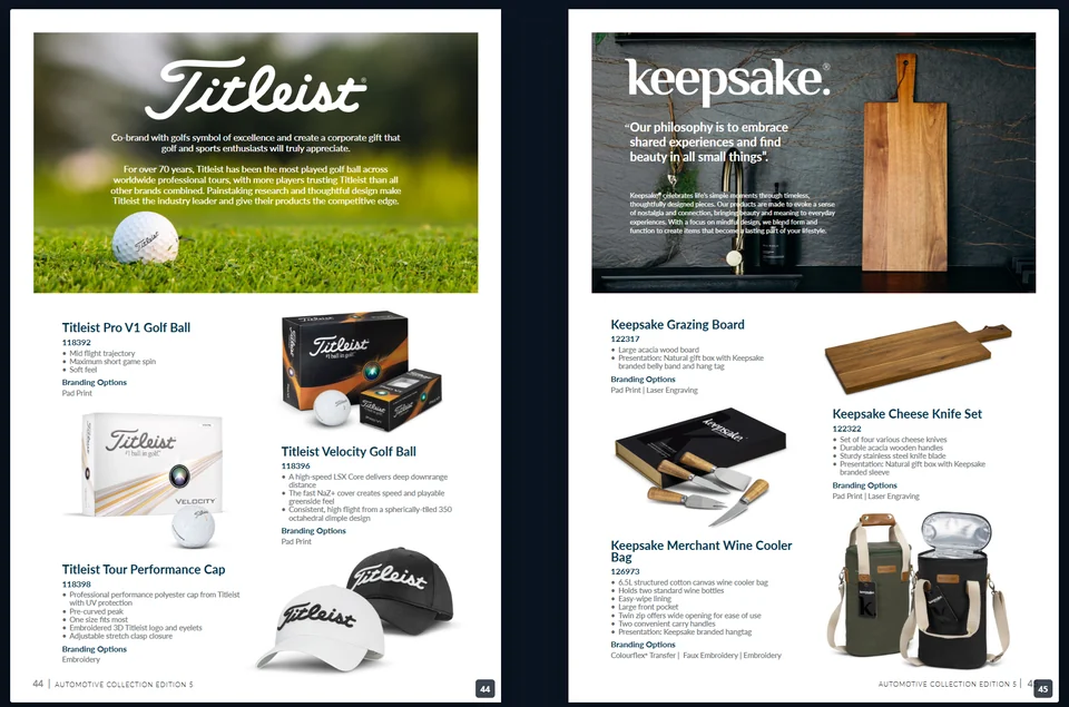Automotive Collection Edition 5 catalogue spread showing branded products