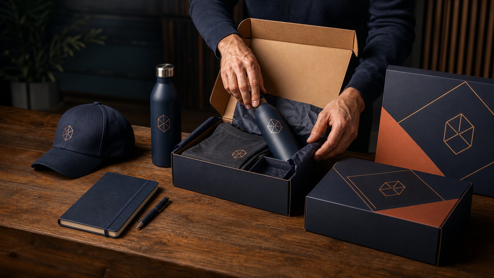 Branded merchandise being packed with a presentation box, cap, bottles, notebook and pen