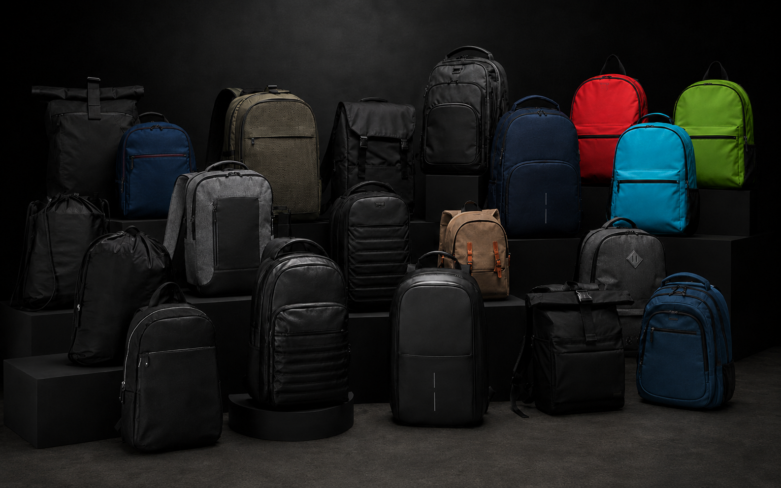 Branded backpacks in several practical work and travel styles