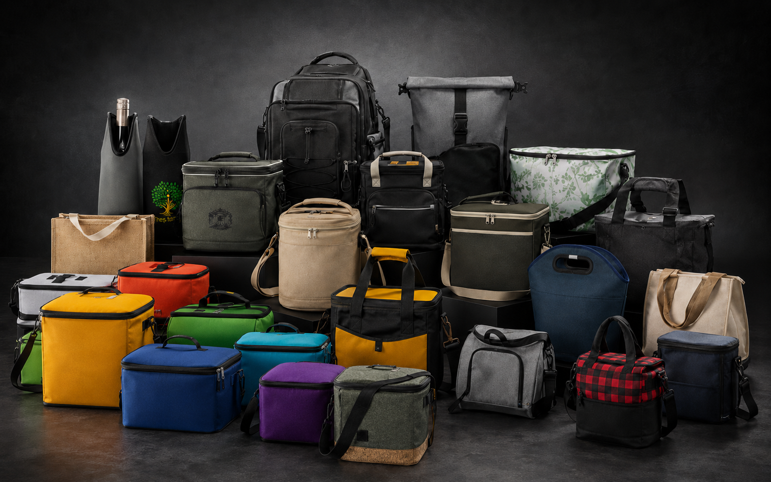 Branded cooler bags arranged for event and staff gifting