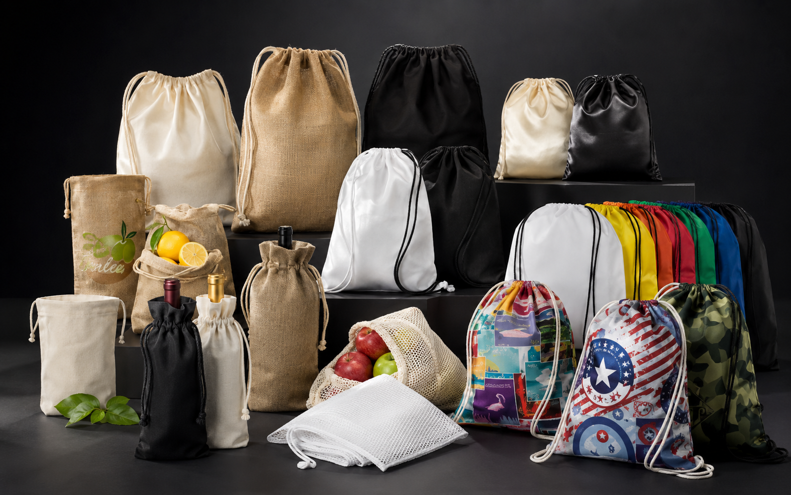 Branded drawstring bags in a range of campaign colours