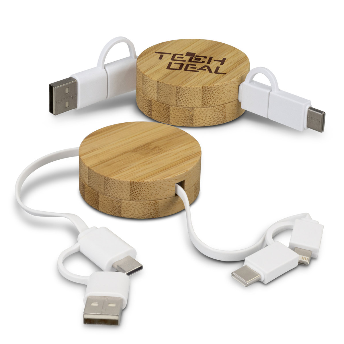 Bamboo Retractable Charging Cable branded tech accessories product image